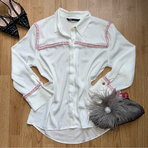Zara white chiffon blouse with pink tweed textured detail - Picture 6 of 9